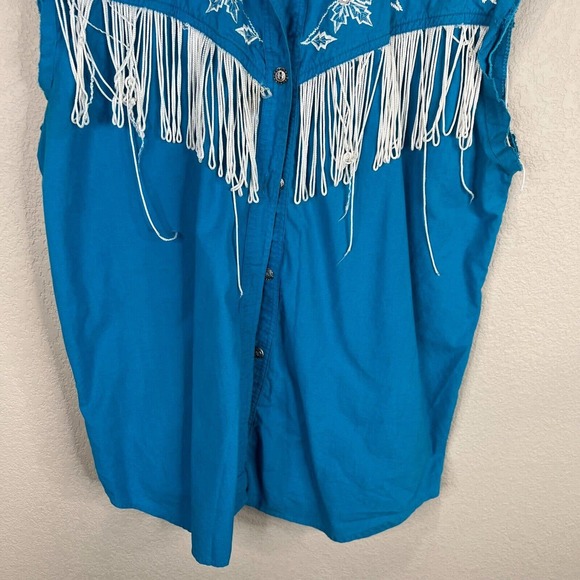Dakota Rodeo Women Embroidered Button Down Shirt Sleeveless Blue Medium Fringe - Picture 5 of 11